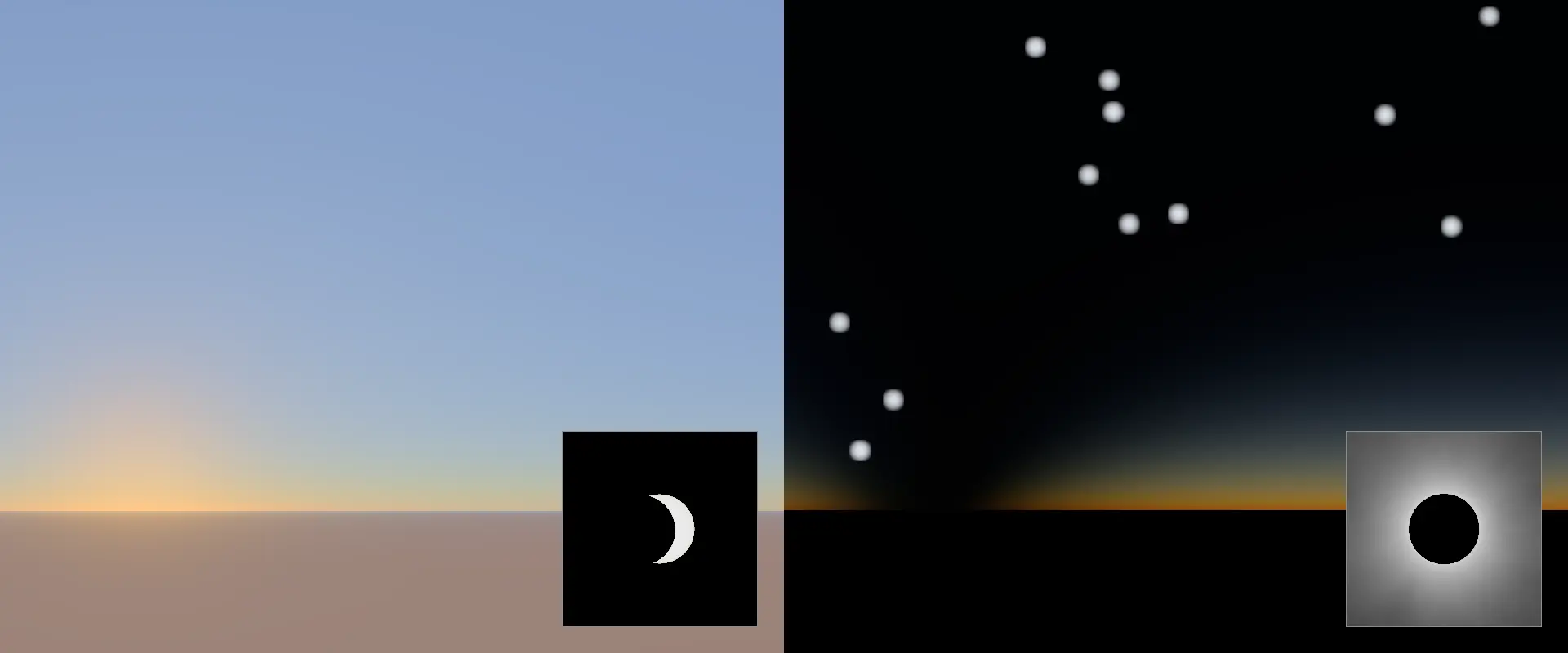 Le même instant calculé pour deux lieux. À gauche Paris : un ciel bleu de fin de soirée, à peine assombri, qui vire à l'orange tout en bas près de l'horizon, et dans l'encart téléobjectif un mince croissant de Soleil. À droite Palma de Majorque au cœur de la totalité : le ciel est noir, une dizaine d'étoiles et de planètes sont sorties, un anneau de crépuscule orangé court tout le long de l'horizon, et l'encart montre le disque noir de la Lune entouré de la couronne solaire.